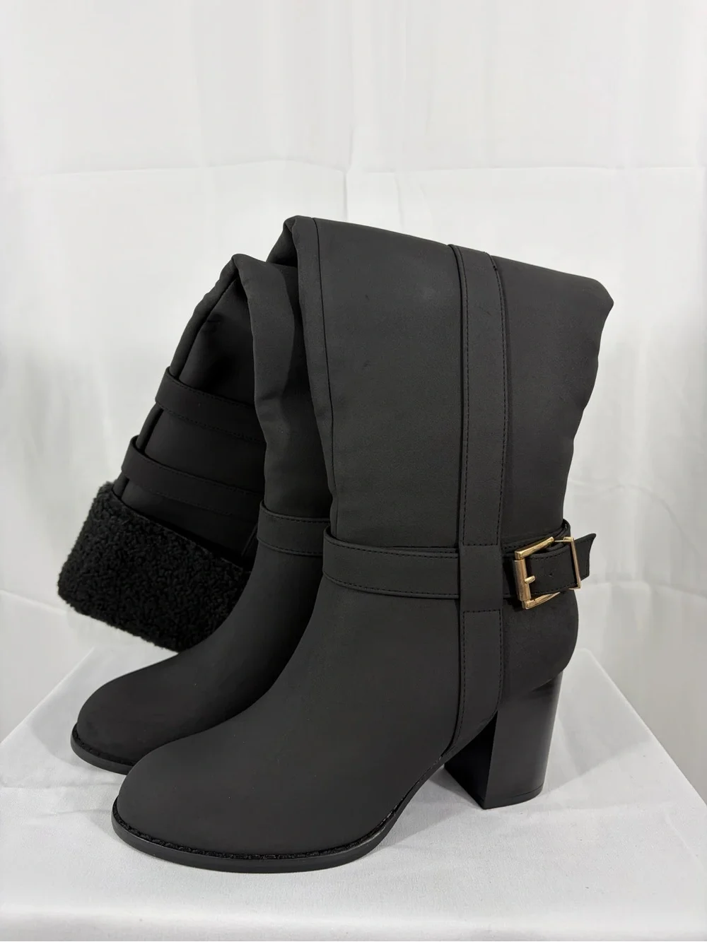 NWT Journee Women's Size 7 Tall Buckle Boots with Faux Shearling Cuff